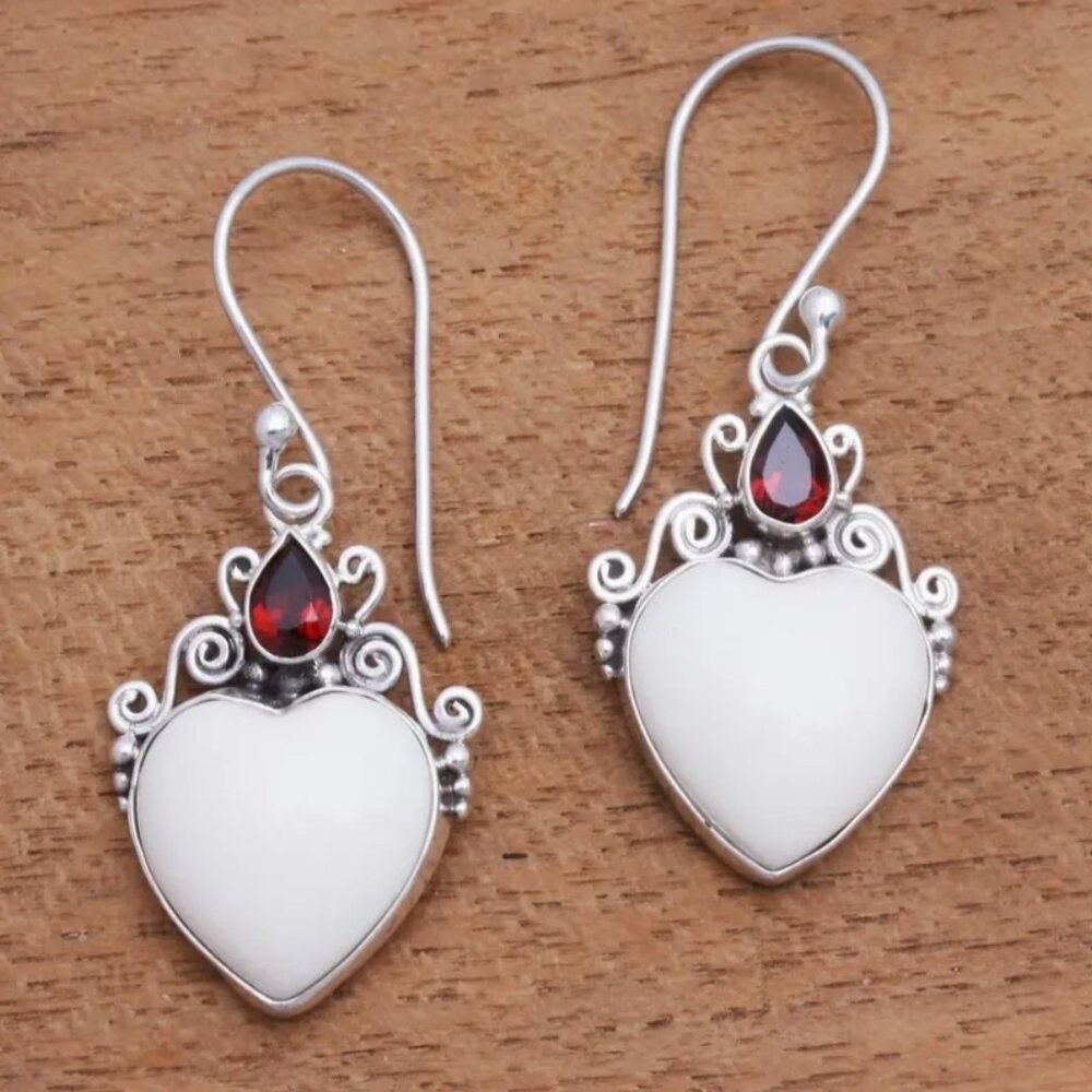 Heart-Shaped White & Red Gemstone Silver Tone Dangle Earrings